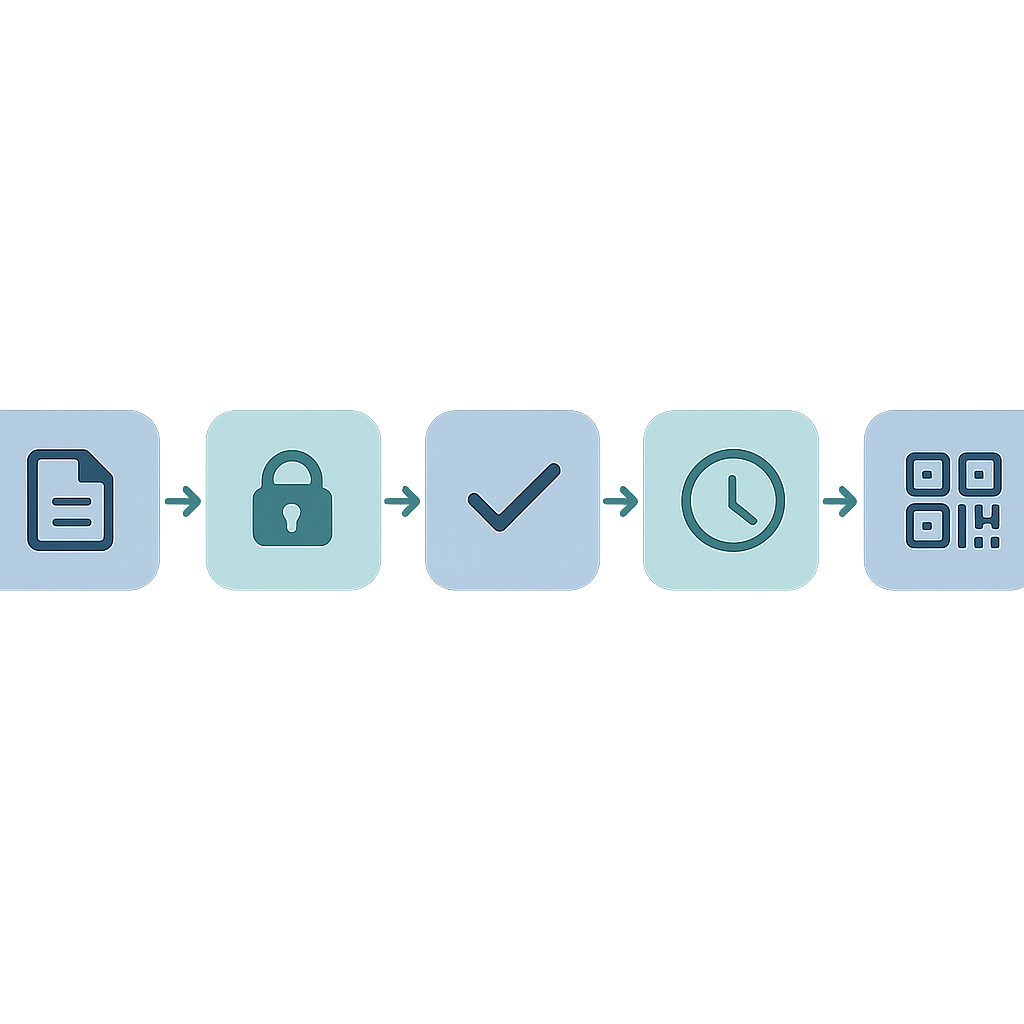 Diagrama visual del flujo de estados draft, evidence, ready, pending approval y published hacia QR publicado.