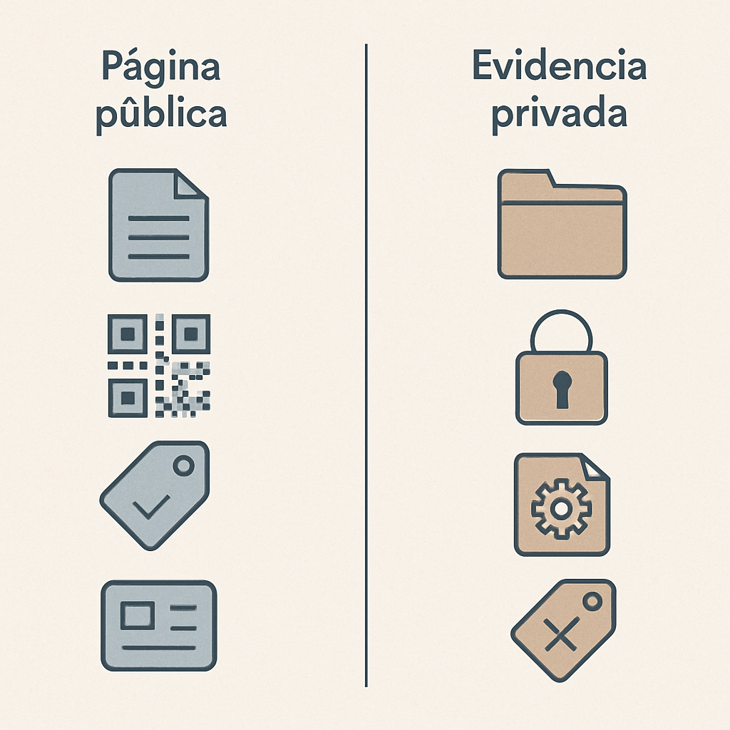 Ilustración conceptual que diferencia datos públicos del pasaporte y evidencia privada cifrada.
