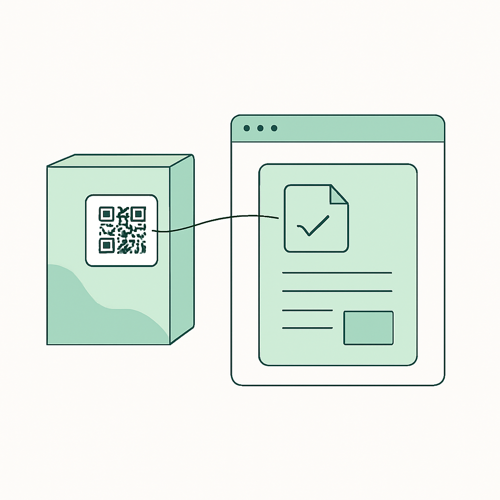 Illustration showing a QR code on a physical product linking to a digital product passport with public and restricted data layers.