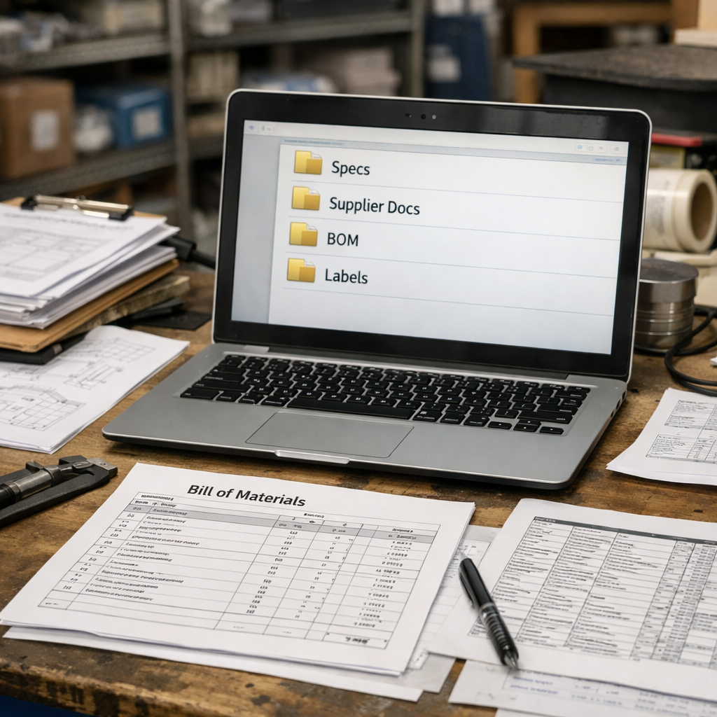 Equipo de fabricante pequeño organizando documentos y archivos para mapear la información existente del producto.