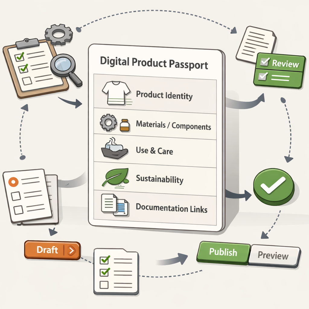 Representación visual de un primer Digital Product Passport con secciones estructuradas y flujo de revisión/publicación.