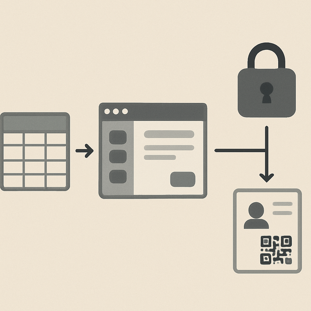 Workflow illustration from CSV/TSV import to private evidence encryption and public QR passport publishing.