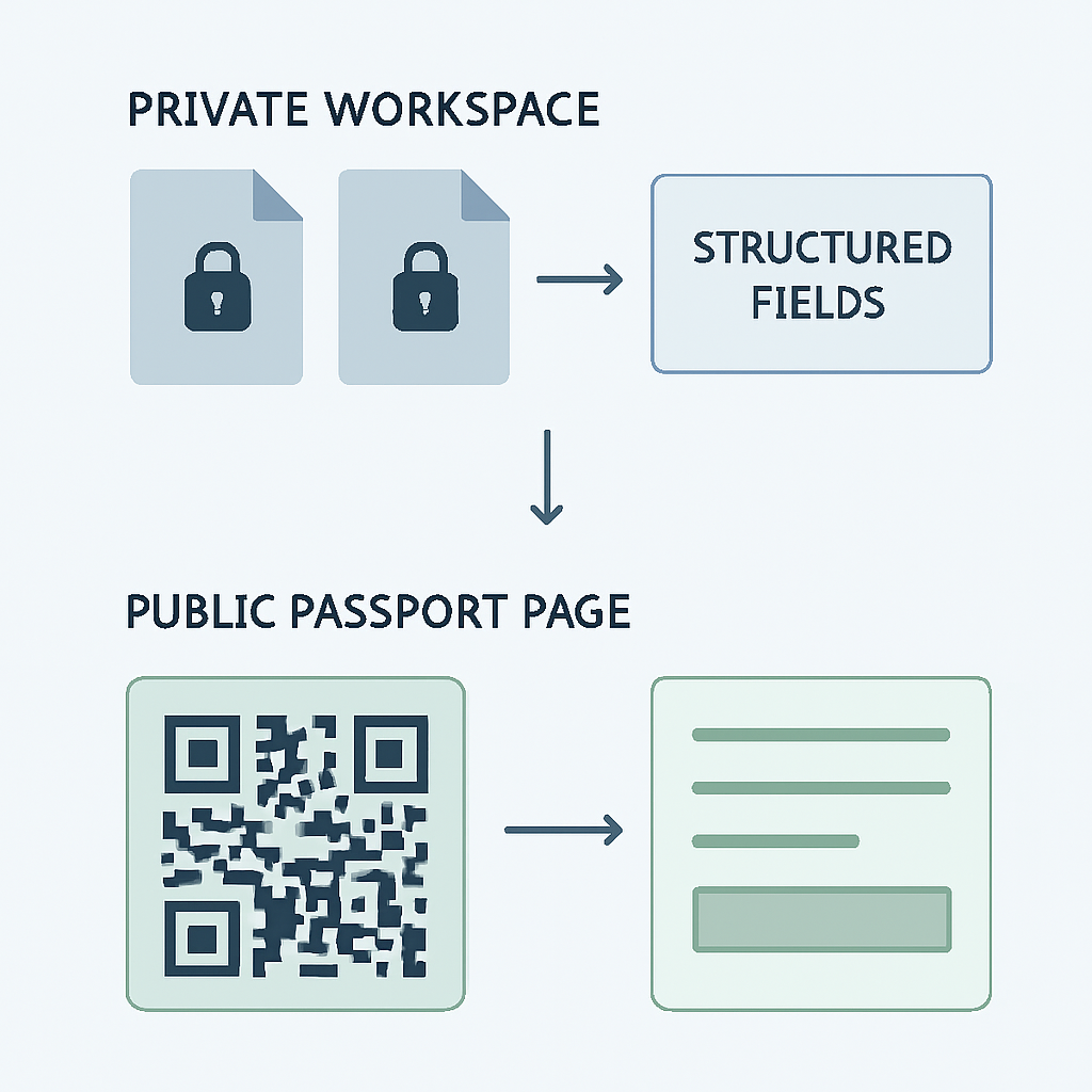 Diagram concept separating private evidence from public QR passport content for electronics DPPs.