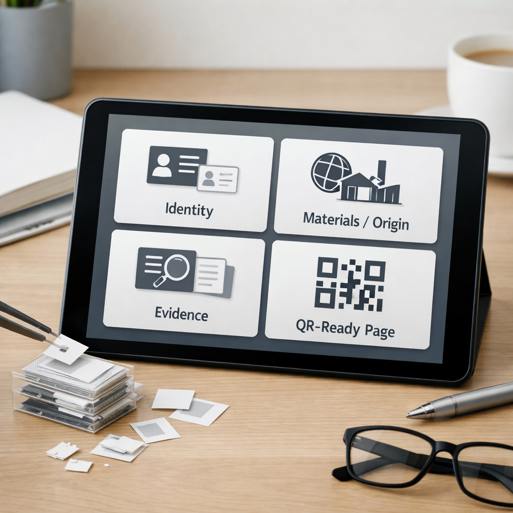Organización visual de datos y evidencias para un Digital Product Passport, con una representación tipo QR para páginas públicas.