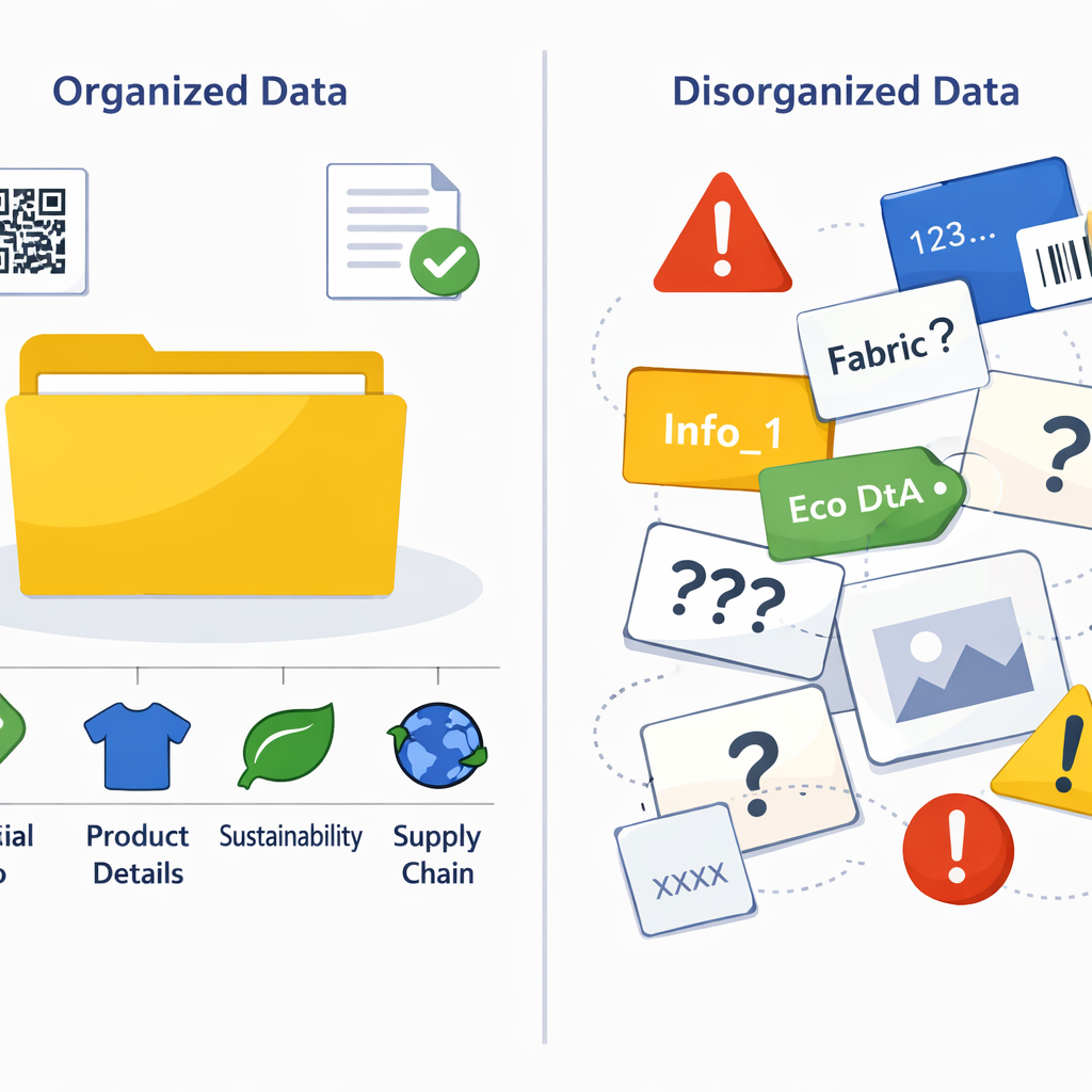 Infografía editorial que representa errores comunes al preparar pasaportes digitales de productos textiles, con datos desordenados frente a estructura organizada.