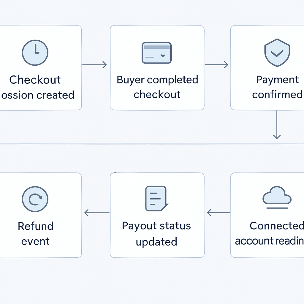 Illustration of webhook-driven order status updates supporting seller payout readiness.