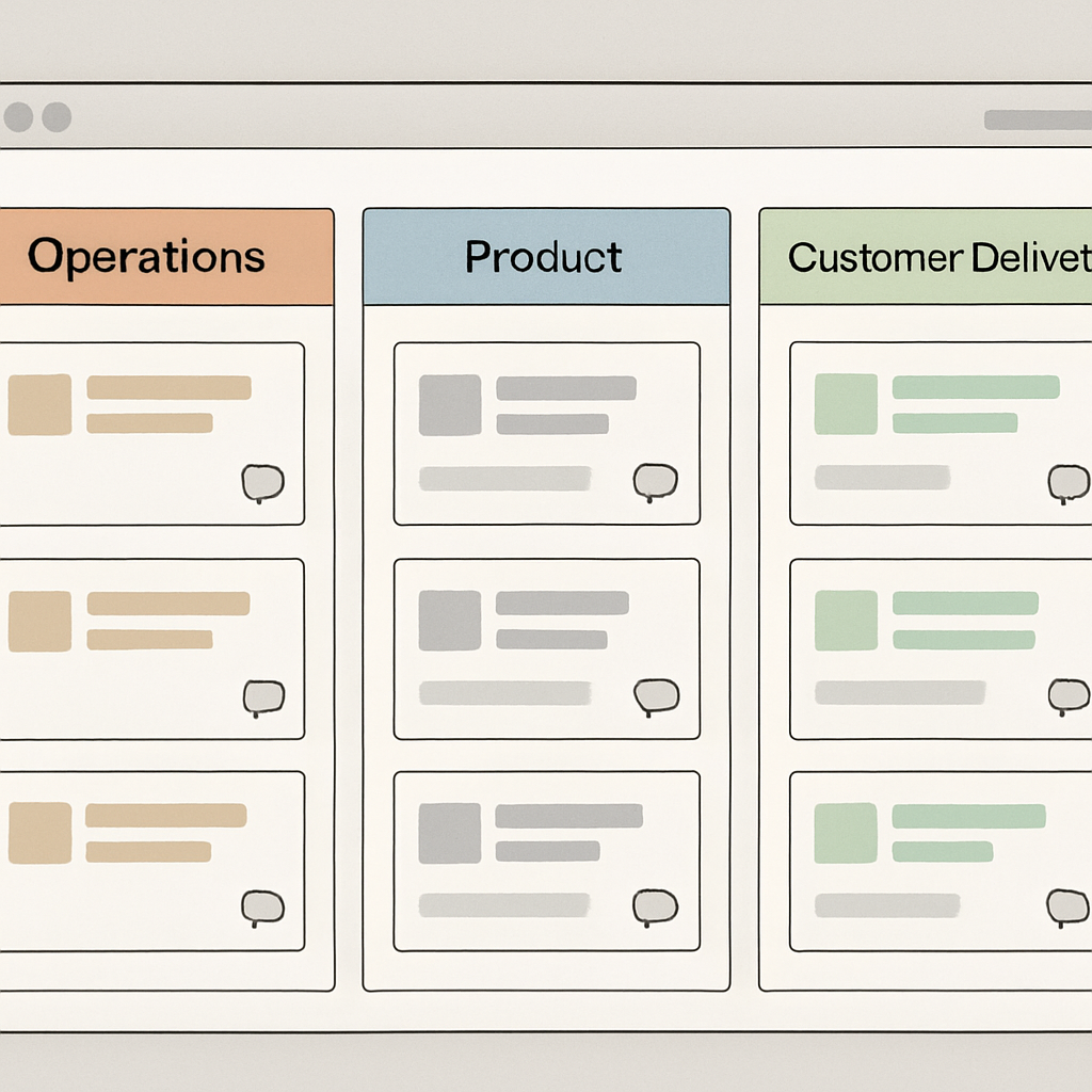 Visual example of separated TEAM spaces for Operations, Product, and Customer Delivery to keep workflows distinct.