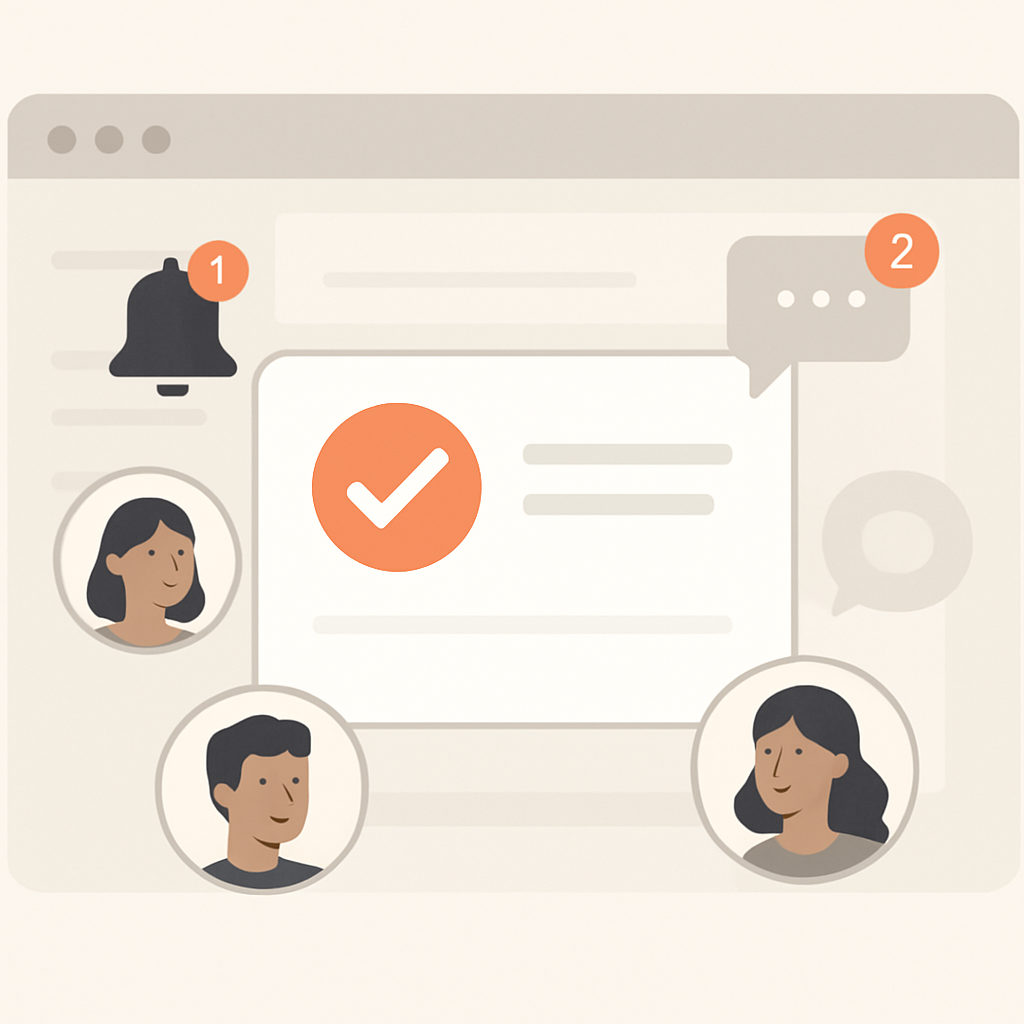 Illustration of assignment notifications (icon counter, sound alert, and on-screen notice) in a small team task workflow.