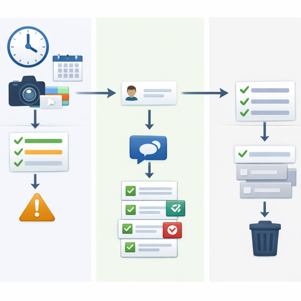 Conceptual daily workflow showing task movement through morning review, execution, and end-of-day cleanup.