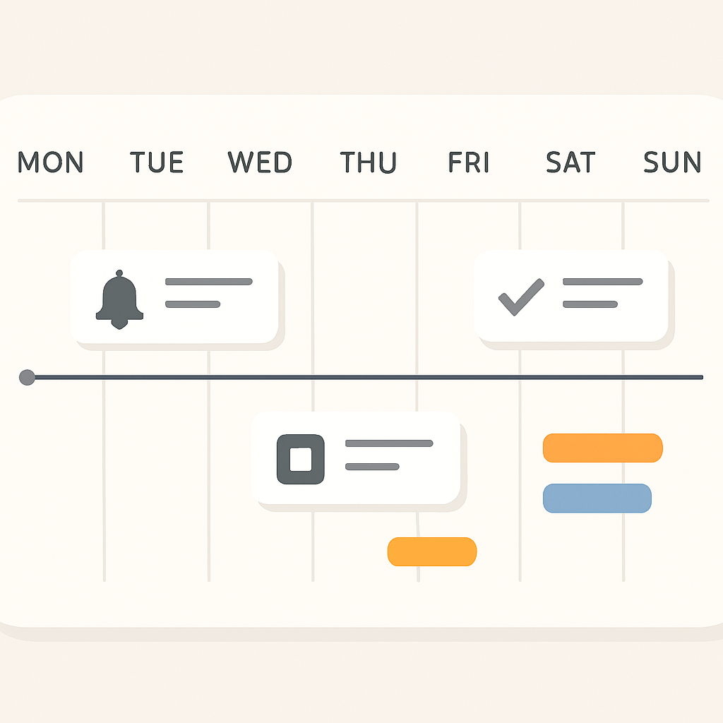 Weekly planning timeline illustration with dated task cards, alarm markers, and status indicators.